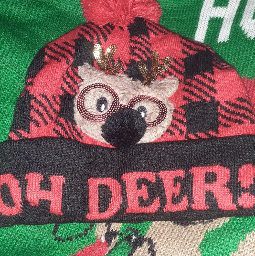 Knit red and black pom pom hat